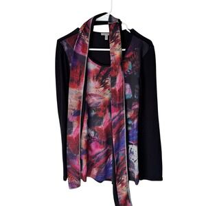Linea Domani Womens Abstract Print Scarf Top Black Red Purple Long Sleeve S